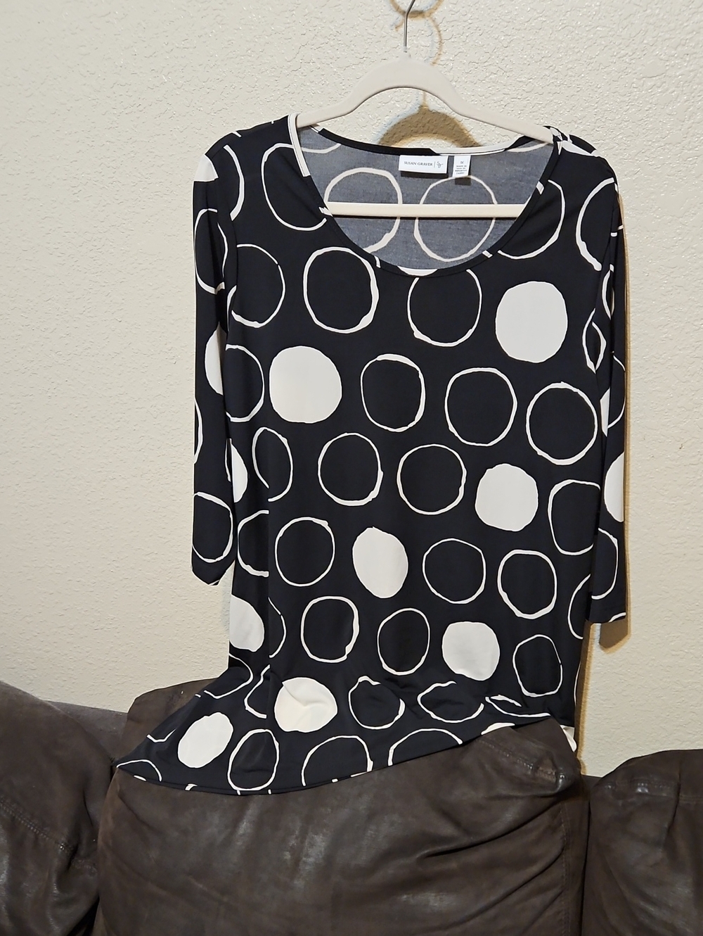 Black & White Polka Dot Assymetrical Scoop Neck Top - Novelty Pattern